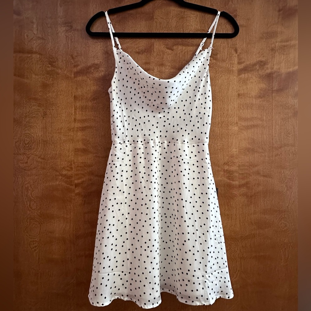Lulus white and black polka dot mini dress with cowl neck. Size xs